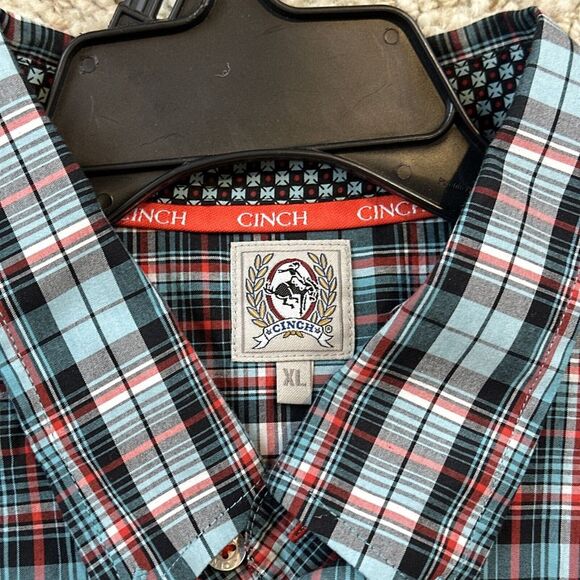 Cinch Western Shirt Mens XL Red Blue Plaid Long Sleeve Flip Cuff Button Up - Picture 2 of 8